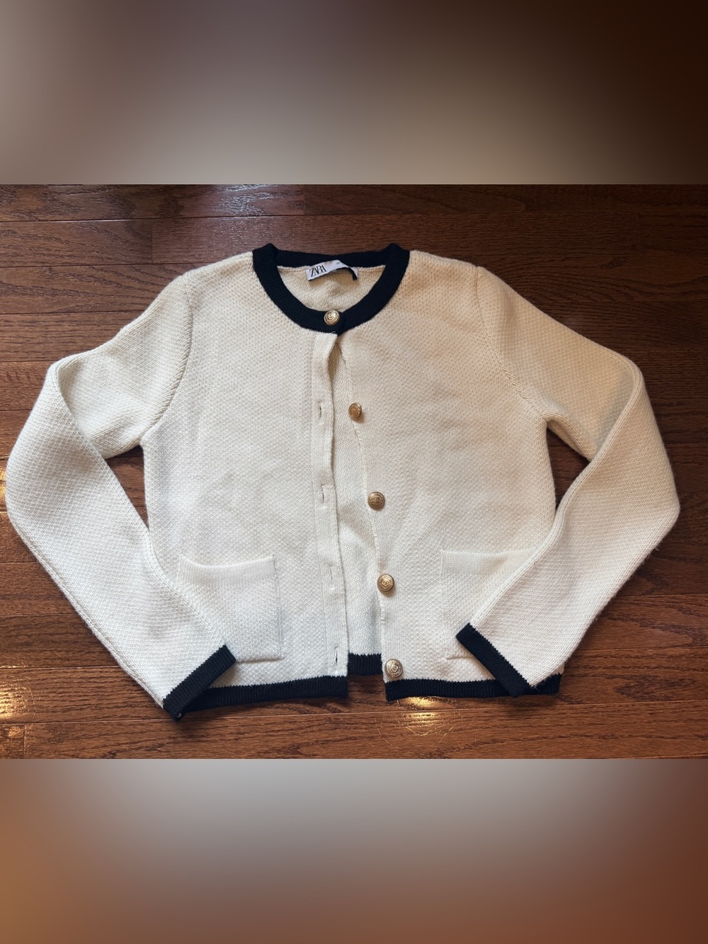 Zara medium (runs like a small) Ivory Knit Cardigan with Black Trim lady jacket